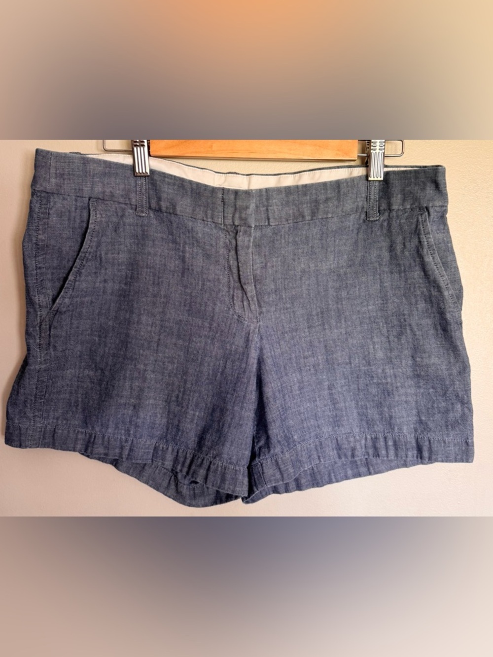 J.Crew Chambray Linen Blend Shorts Blue Ruffle Hem Size 12 Casual Summer